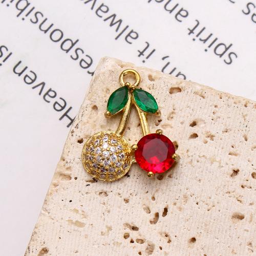 Strass Messing Anhänger, Kirsche, plattiert, DIY & mit Strass, goldfarben, 16.94x4.83x15.59mm, verkauft von PC