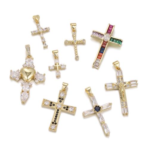 Cubic Zirconia Micro Pave Brass Pendant, Cross, plated, DIY & micro pave cubic zirconia, golden 