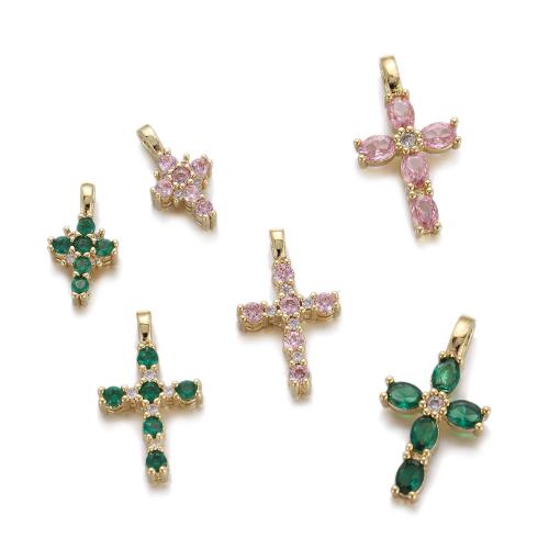 Cubic Zirconia Micro Pave Brass Pendant, Cross, plated, DIY & micro pave cubic zirconia, golden 