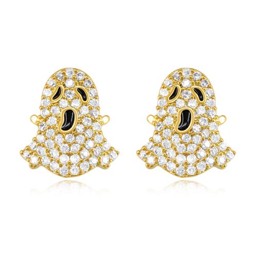 laiton boucle d oreille dormeuse, fantôme, Placage de couleur d'or, pour femme & avec strass, 20mm, Vendu par paire