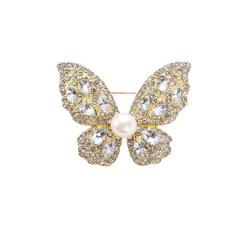 Broche perle d'eau douce, alliage de zinc, avec perle d'eau douce cultivée, papillon, Placage de couleur d'or, bijoux de mode & avec strass, plus de couleurs à choisir Vendu par PC