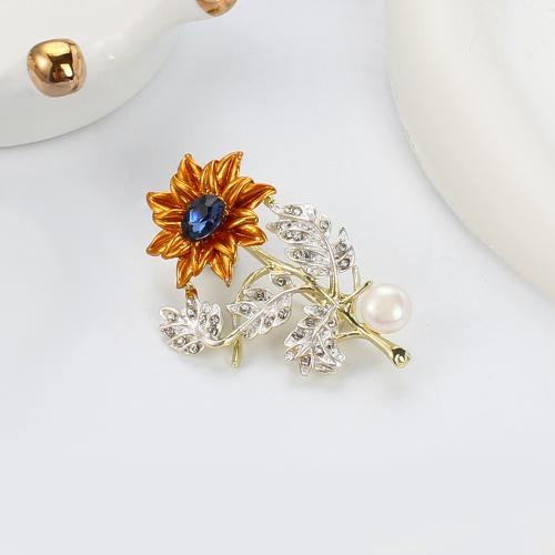 Broche perle d'eau douce, alliage de zinc, avec perle d'eau douce cultivée, Tournesol, Placage de couleur d'or, bijoux de mode & avec strass, plus de couleurs à choisir Vendu par PC
