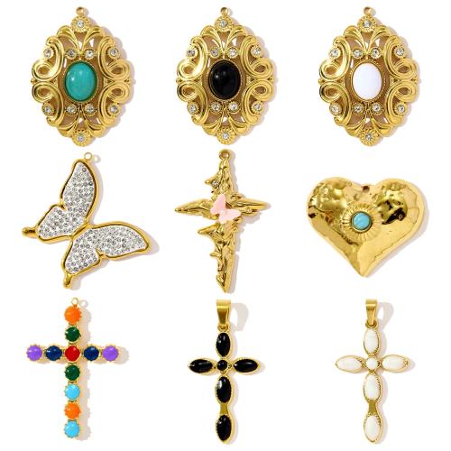 Stainless Steel Pendants, 304 Stainless Steel, with ABS Plastic Pearl & Gemstone, gold color plated, DIY & enamel & with rhinestone, golden 