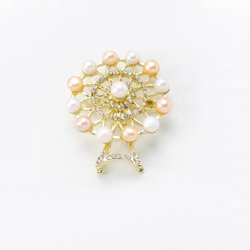 Broche perle d'eau douce, alliage de zinc, avec perle d'eau douce cultivée, Grande roue, Placage de couleur d'or, bijoux de mode & avec strass, plus de couleurs à choisir Vendu par PC
