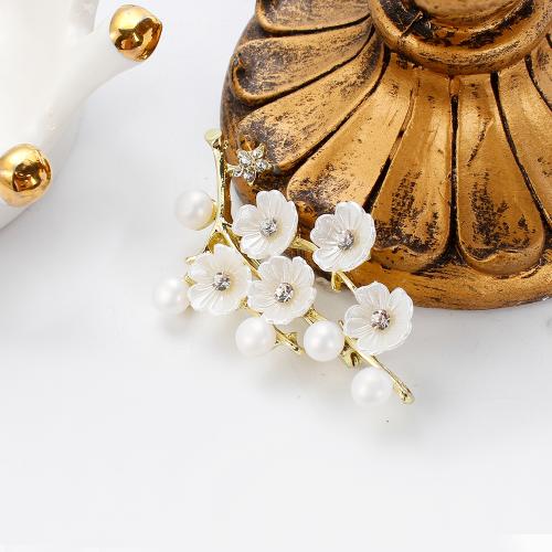 Freshwater Pearl Brooch, Zinc Alloy, with Freshwater Pearl & Acrylic, Plum Blossom, gold color plated, fashion jewelry & with rhinestone [