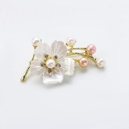 Freshwater Pearl Brooch, Zinc Alloy, with Freshwater Pearl & Acrylic, Plum Blossom, gold color plated, fashion jewelry & with rhinestone [