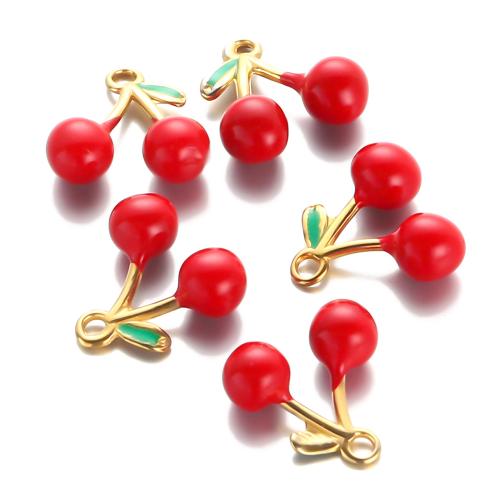 Emaille Edelstahl Anhänger, 304 Edelstahl, Kirsche, goldfarben plattiert, DIY, keine, 10PCs/Tasche, verkauft von Tasche