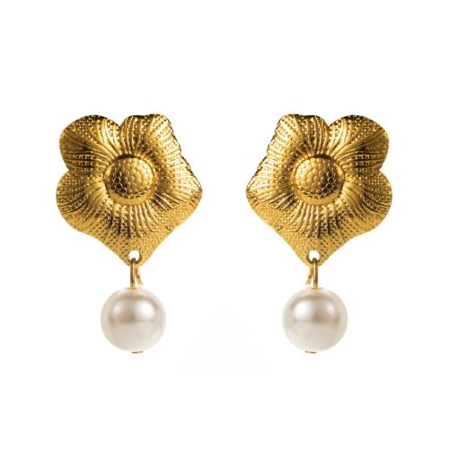 Boucle d'oreille goutte inox, Acier inoxydable 304, avec perle de plastique, Placage, bijoux de mode & styles différents pour le choix & pour femme, doré, Vendu par paire