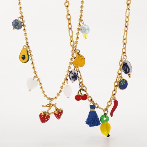 ステンレス鋼のジュエリーネックレス, 304ステンレススチール, とともに 磁器 & テリレンコード, メッキ, 異なるスタイルを選択 & 女性用 & エナメル, 金色, 売り手 パソコン