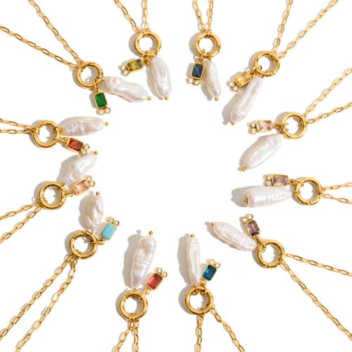 Природное пресноводное жемчужное ожерелье, Нержавеющая сталь 304, с Пресноводные жемчуги, Другое покрытие, разные стили для выбора & Женский & со стразами, Золотой, продается PC[