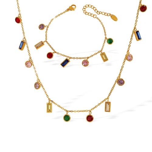 Cubic Zirconia Micro Pave Ensembles de bijoux en acier inoxydable, Acier inoxydable 304, avec zircon cubique, Plaqué or 18K, bijoux de mode & styles différents pour le choix & pour femme, Vendu par PC