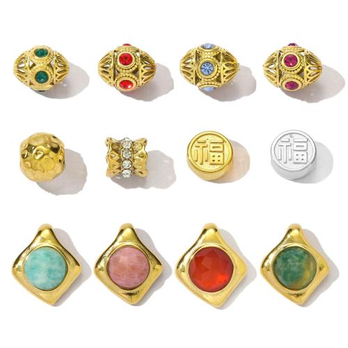 Stainless Steel Beads, 304 Stainless Steel, with Natural Stone, plated, DIY & with rhinestone 