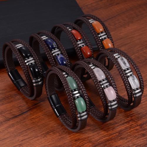 cuir PU bracelet, avec pierre gemme & Acier inoxydable 304, différents matériaux pour le choix & normes différentes pour le choix & pour homme, Vendu par PC