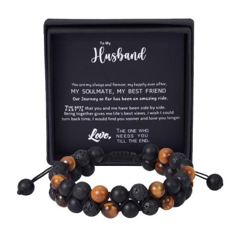 Tiger Eye Bracelet, with Polyester Cord & Black Agate, Round, handmade, Double Layer & adjustable & for man Approx 7-10 Inch 