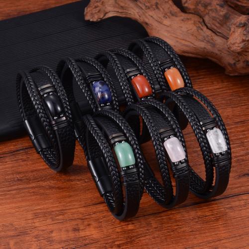cuir PU bracelet, avec pierre gemme & Acier inoxydable 304, fait à la main, différents matériaux pour le choix & unisexe & normes différentes pour le choix, Vendu par PC