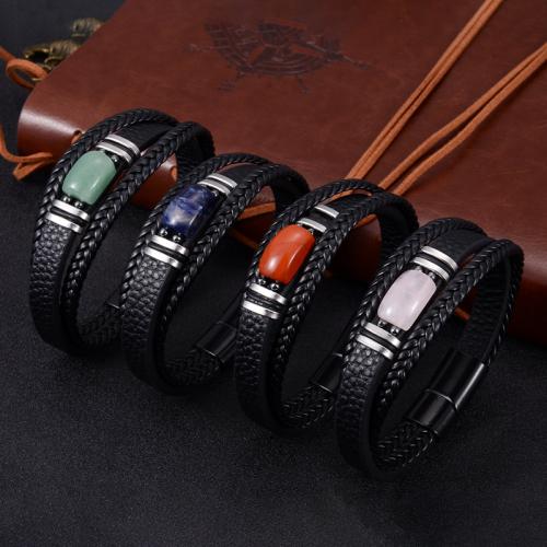cuir PU bracelet, avec pierre gemme & alliage de zinc, multicouche & différents matériaux pour le choix & normes différentes pour le choix & pour homme, Vendu par PC