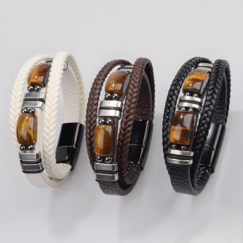 PU Leather Bracelet, with Tiger Eye & 304 Stainless Steel, handmade, multilayer & for man 
