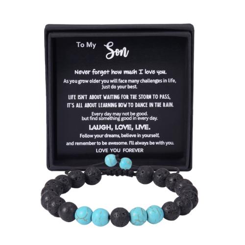 Lava Bracelet, with Rainbow Stone & turquoise & Polyester Cord, Round, handmade & for man, beads length 8mm Approx 7-10 Inch 