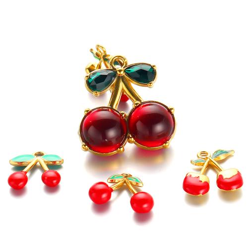 Emaille Edelstahl Anhänger, 304 Edelstahl, mit Glassteine, Kirsche, goldfarben plattiert, DIY, keine, 5PCs/Tasche, verkauft von Tasche