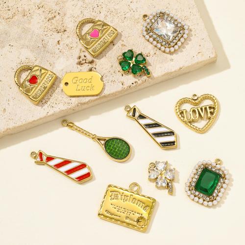 Stainless Steel Pendants, 304 Stainless Steel, with ABS Plastic Pearl, gold color plated, DIY & micro pave cubic zirconia & enamel 