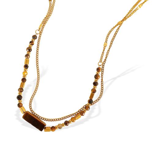 Tiger Eye Necklace, 304 Stainless Steel, with Tiger Eye, gold color plated, Double Layer & fashion jewelry & for woman 