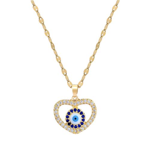 Collier Evil Eye bijoux, laiton, avec Acier titane, Placage, pavé de micro zircon & pour femme & émail & creux, doré Environ 21-50 cm, Vendu par PC