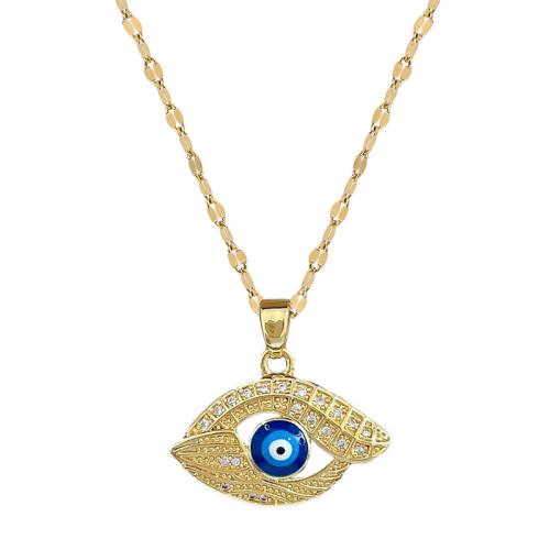 Collier Evil Eye bijoux, laiton, avec Acier titane, avec 5cm chaînes de rallonge, Placage, pavé de micro zircon & pour femme & émail & creux, doré cm, Vendu par PC