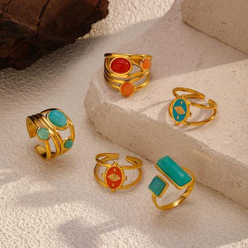 Gemstone Stainless Steel Finger Ring, 304 Stainless Steel, with Natural Stone, plated & for woman & hollow, golden 