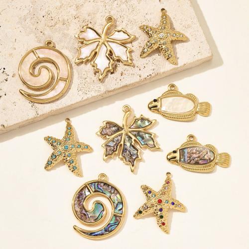 Stainless Steel Pendants, 304 Stainless Steel, with Shell, gold color plated, DIY & with rhinestone 