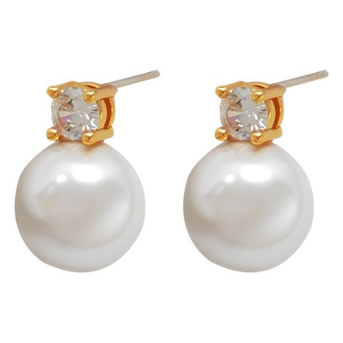 Glass Pearl Stud Earring, with Brass, plated, fashion jewelry & micro pave cubic zirconia 