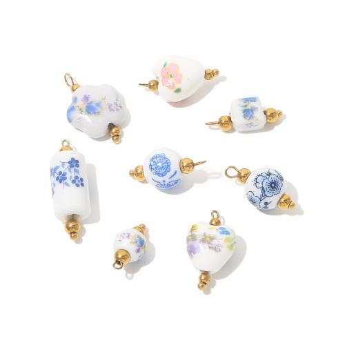 Impression de porcelaine, perles, porcelaine, avec Acier inoxydable 304, Placage de couleur d'or, DIY, doré Vendu par sac