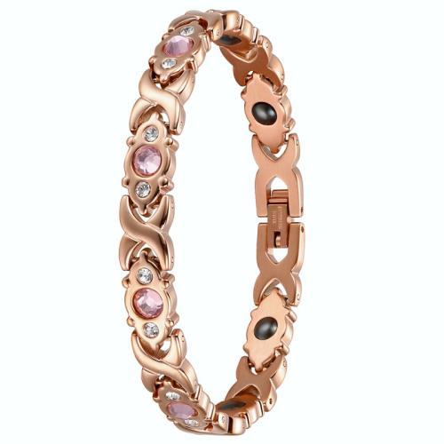 304 Stainless Steel Bracelet, with Black Magnetic Stone & Glass, Vacuum Ion Plating, for woman & with rhinestone, rose gold color Approx 7.7 Inch 