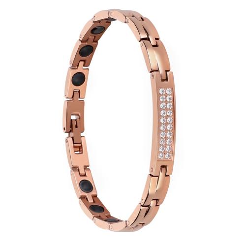 316L Stainless Steel Bracelet, with Germanium Stone & Black Magnetic Stone, Vacuum Ion Plating, micro pave cubic zirconia & for woman, rose gold color Approx 7.5 Inch 