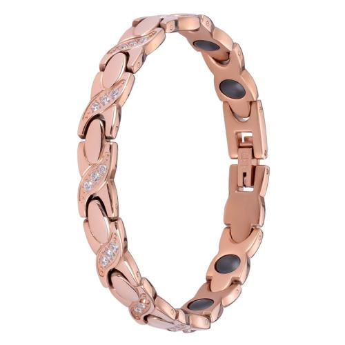 Titanium Steel Bracelet, with Germanium Stone & Black Magnetic Stone, Vacuum Ion Plating, micro pave cubic zirconia & for woman, rose gold color Approx 7.5 Inch 