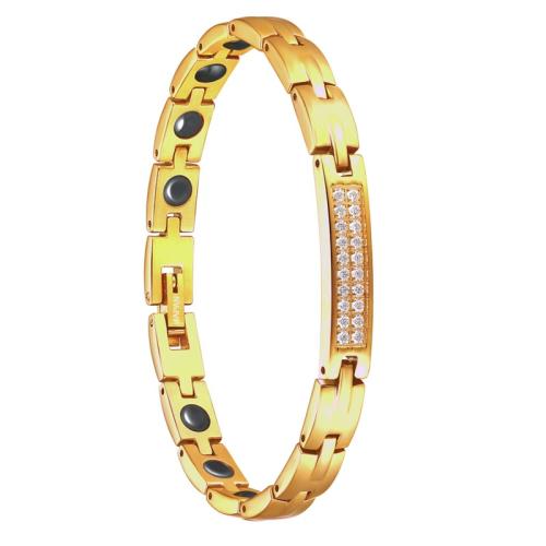 316L Stainless Steel Bracelet, with Germanium Stone & Black Magnetic Stone, Vacuum Ion Plating, micro pave cubic zirconia & for woman, gold Approx 7.5 Inch 