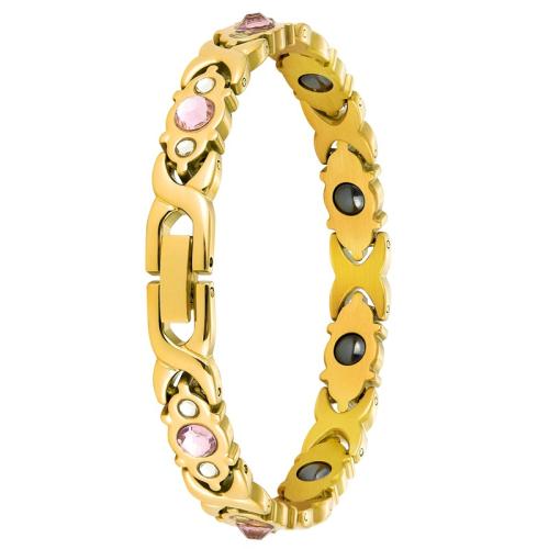 304 Stainless Steel Bracelet, with Germanium Stone & Black Magnetic Stone & Glass, Vacuum Ion Plating, for woman & with rhinestone, gold Approx 7.7 Inch 