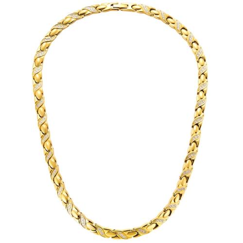 Нержавеющая сталь 304 Ожерелье, с Черный-магнитный камень, вакуумное ионное покрытие, инкрустированное микро кубического циркония & Женский, золотой, длина:Приблизительно 19.5 дюймовый, продается PC