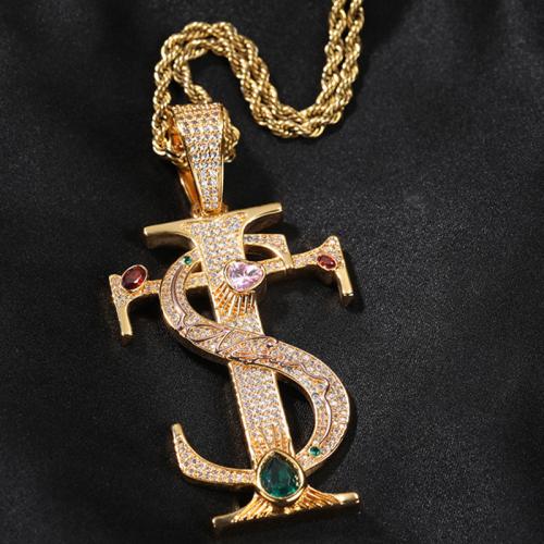 Латунь Ожерелье, с цепь из нержавеющей стали, Kресты, Другое покрытие, Французская веревочной цепь & инкрустированное микро кубического циркония & Мужский, Много цветов для выбора, длина:Приблизительно 24 дюймовый, продается PC