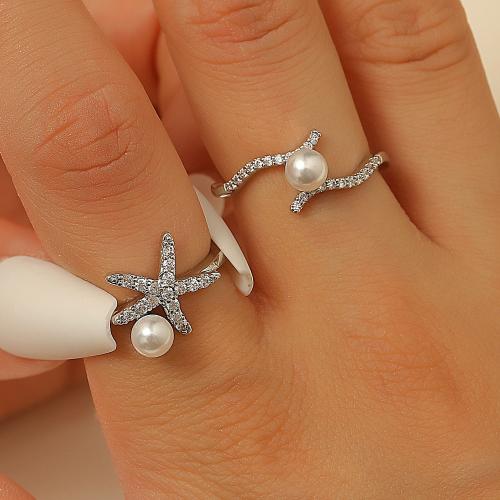 Messingring mit Strass , Messing, mit ABS-Kunststoff-Perlen, plattiert, Modeschmuck, Silberfarbe, verkauft von Tasche