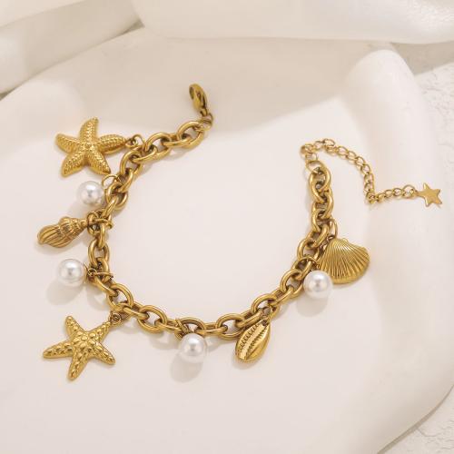 Bracelet en acier inoxydable, Acier inoxydable 304, avec perle de plastique, Placage de couleur d'or, bijoux de mode & émail, doré, Vendu par PC[