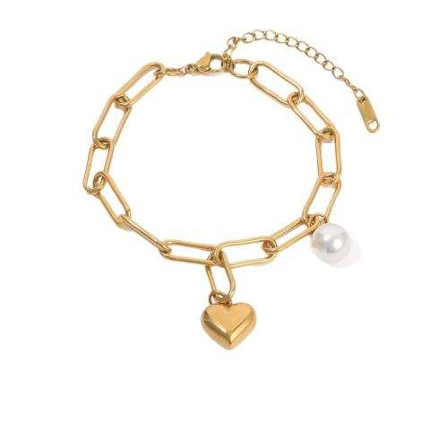 Bracelet en acier inoxydable, Acier inoxydable 304, avec perle de plastique, Placage de couleur d'or, bijoux de mode, doré, Vendu par PC[