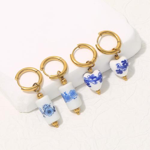 Boucle d'oreille de bijoux en porcelaine, Acier inoxydable 304, avec porcelaine, Placage, bijoux de mode & impression, plus de couleurs à choisir, Vendu par paire