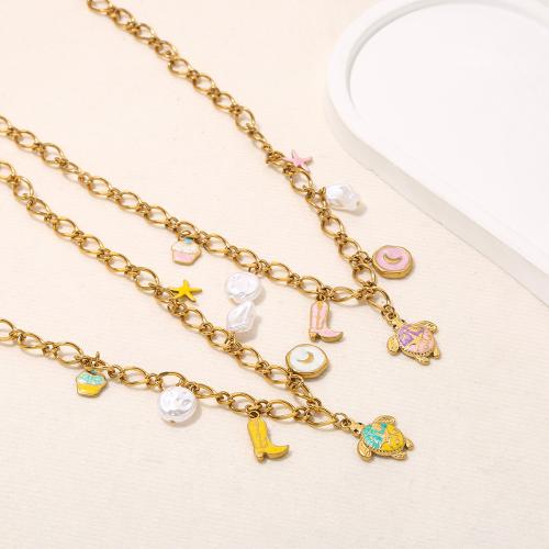 ステンレス鋼のジュエリーネックレス, 304ステンレススチール, とともに プラスチック製パール, ゴールドメッキ, ファッションジュエリー & エナメル, 金色, 売り手 パソコン