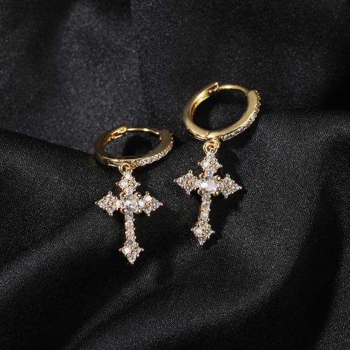 Brass Huggie Hoop Drop Earring, Cross, plated, Unisex & micro pave cubic zirconia [
