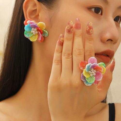 Ensembles-cadeaux bijoux, laiton, Boucle d’oreille stud & bague, anneau, avec perle de plastique & Acrylique, Placage, bijoux de mode, plus de couleurs à choisir, Vendu par PC