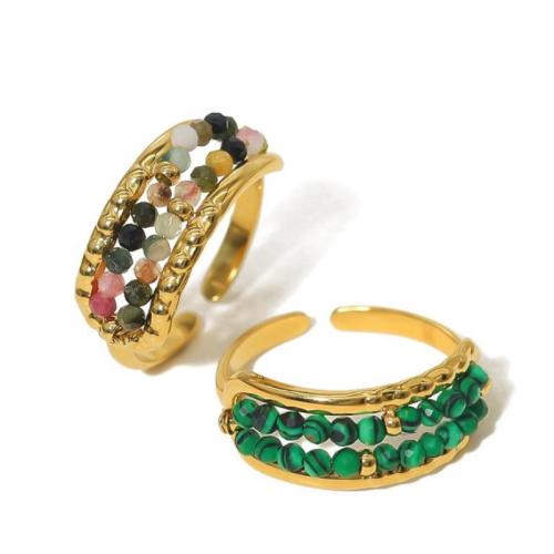 Gemstone Finger Ring, Titanium Steel, with Malachite, plated & for woman & hollow, golden 