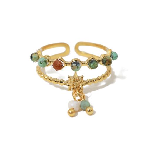 Gemstone Stainless Steel Finger Ring, Titanium Steel, with Natural Stone & Plastic Pearl, 18K gold plated & for woman & hollow 