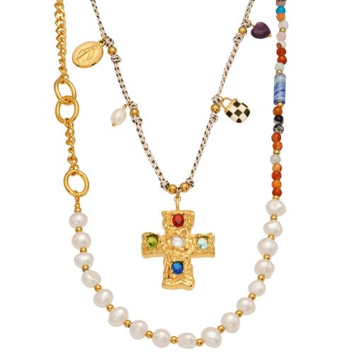 Чип Gemstone пресноводных жемчужное ожерелье, Нержавеющая сталь 304, с Природный камень & кубический цирконий & нейлон & Пресноводные жемчуги, Другое покрытие, разные стили для выбора & Женский & эмаль, Много цветов для выбора, продается PC