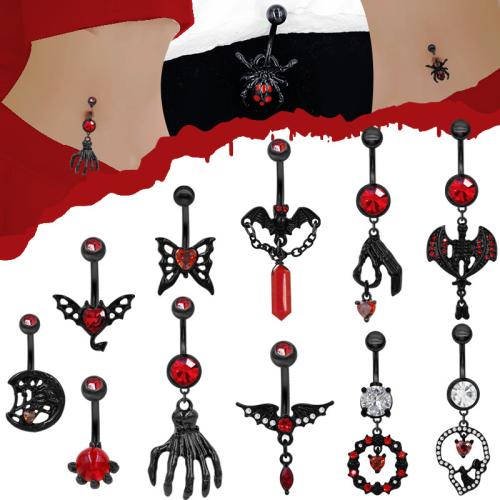 alliage de zinc anneau de ventre, avec Acier inoxydable 304, Placage, Halloween Design & unisexe & styles différents pour le choix & pavé de micro zircon, noire, belly ring length 13-45mm Vendu par lot[