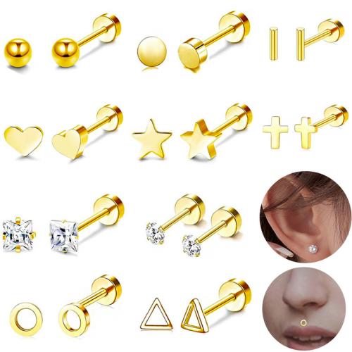 Acier inoxydable 304 piercing oreille, Placage de couleur d'or, unisexe & styles différents pour le choix & avec strass Vendu par lot